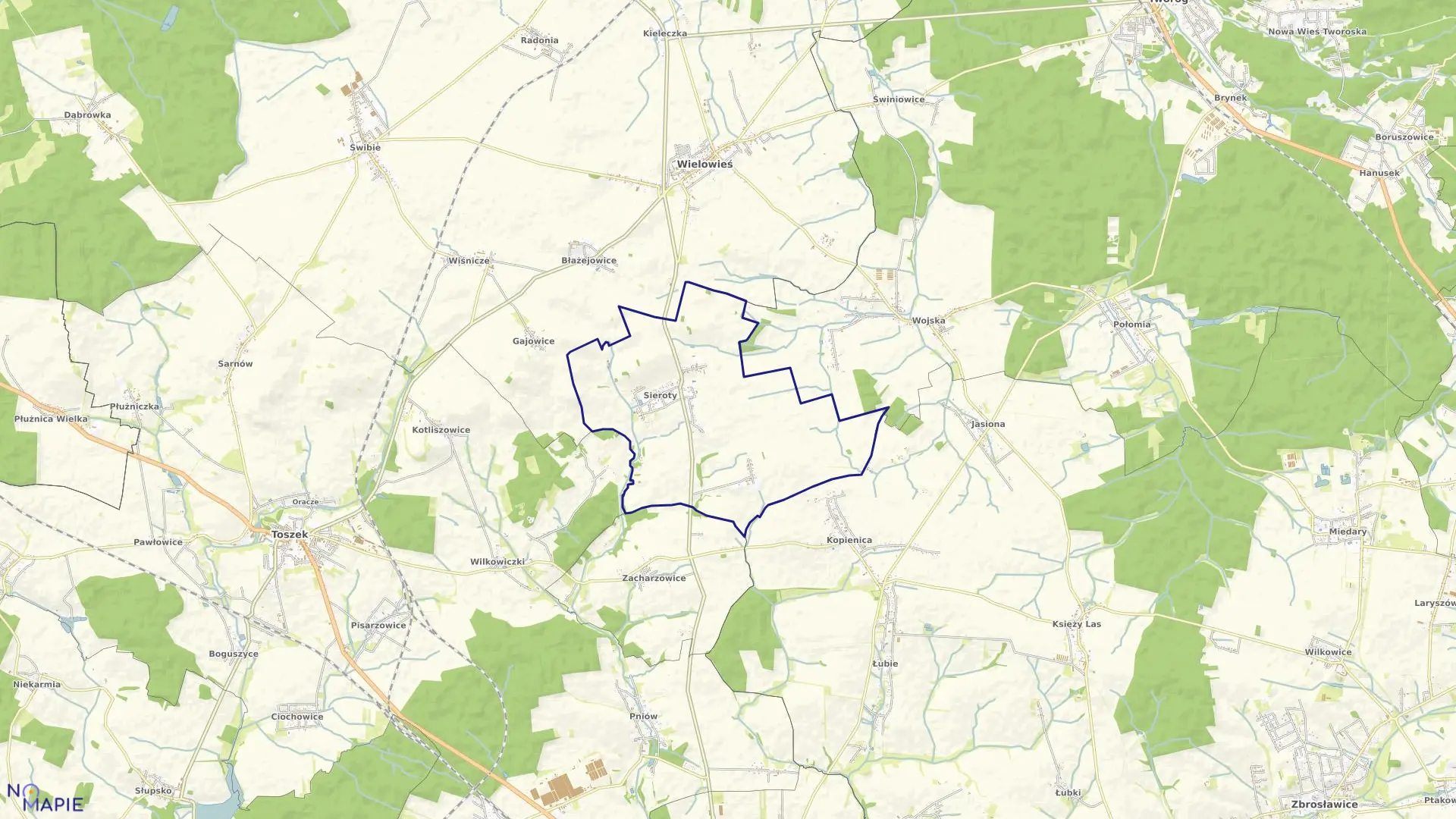 Mapa obrębu Sieroty w gminie Wielowieś