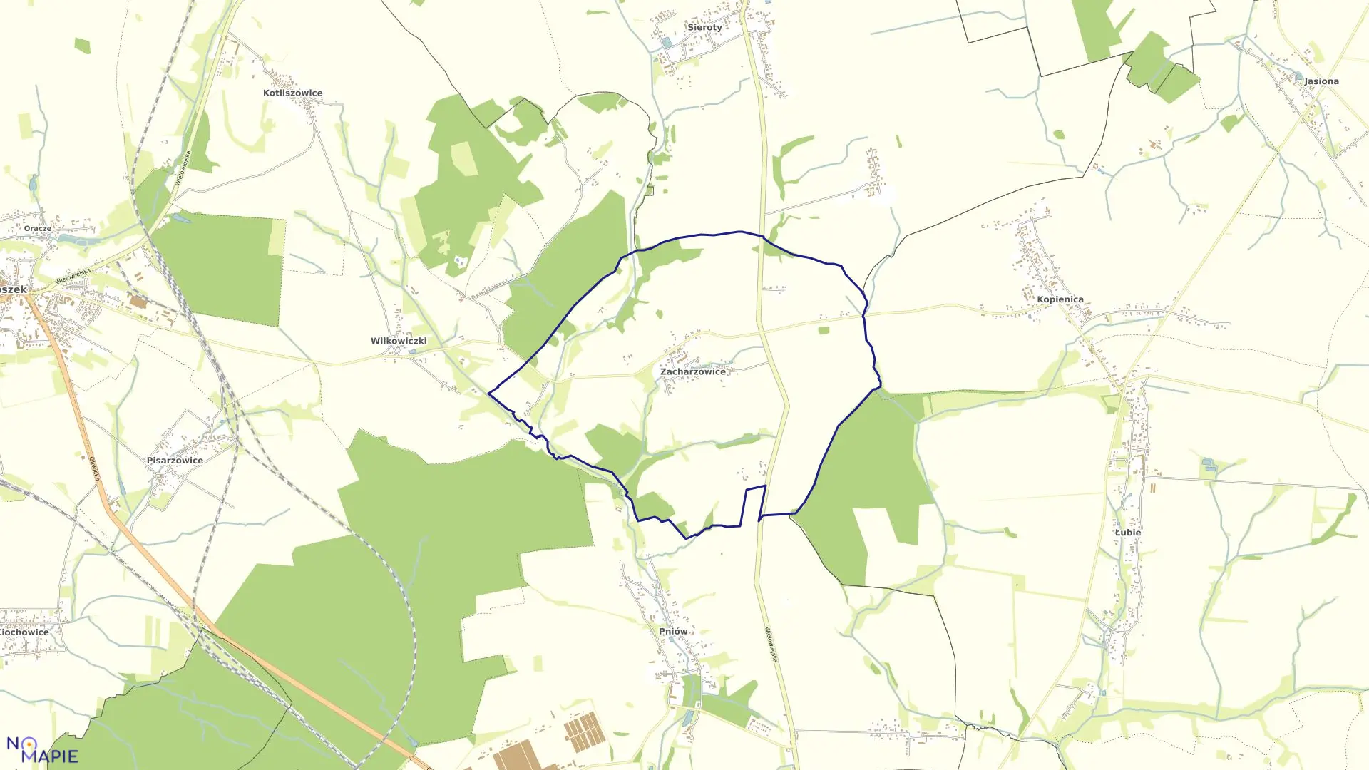 Mapa obrębu Zacharzowice w gminie Wielowieś